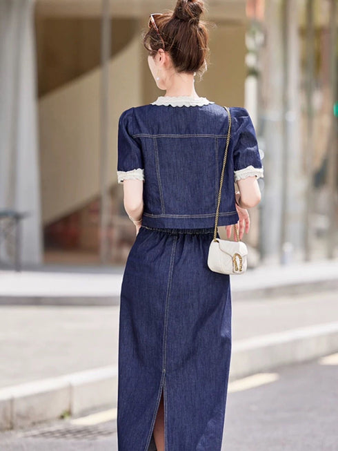 Ladies Denim Trendy Skirt With Lace Crop Tops Sets